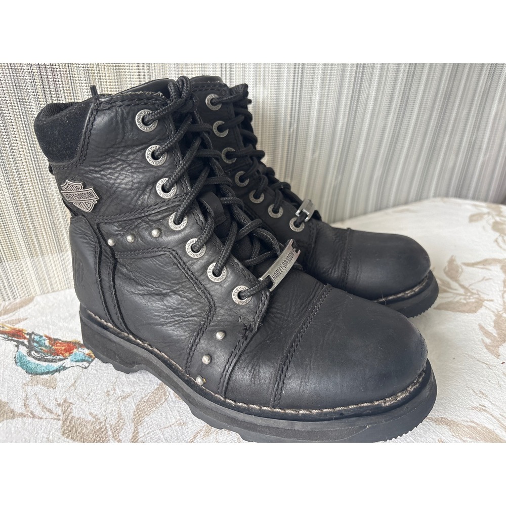 Harley-Davidson Oakleigh W 6.5 Black Leather Moto Boots Studded Zip Biker D84230